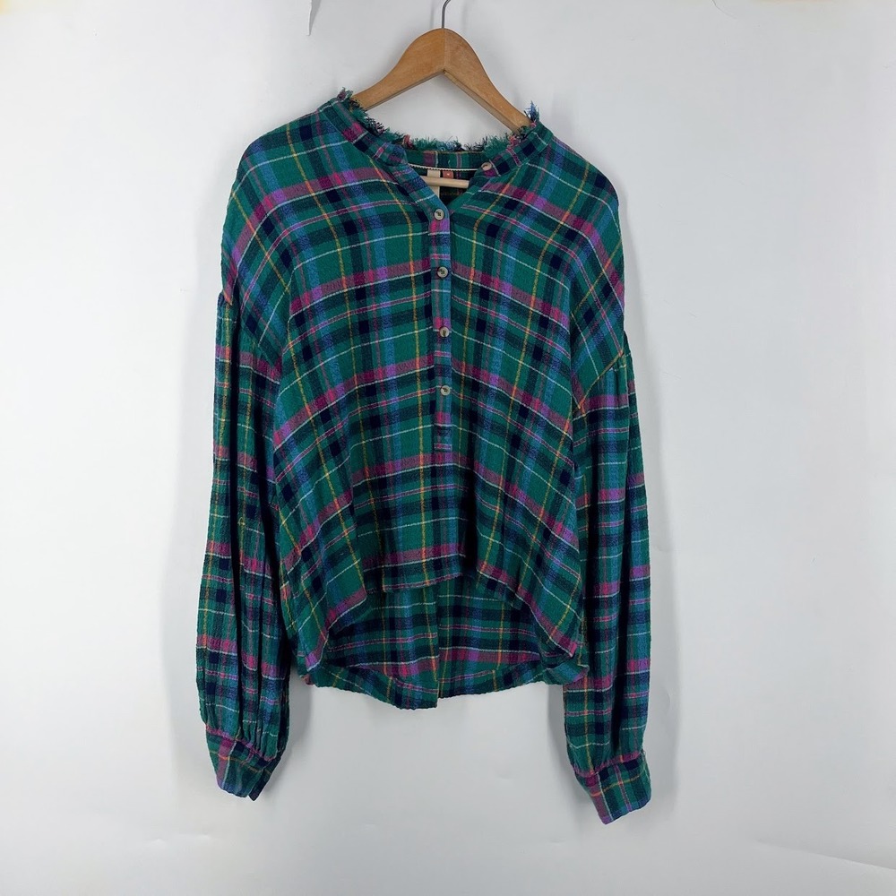 Pilcro and the Letterpress Plaid Frayed Neck Henley‎ Shirt Green Purple Womens M